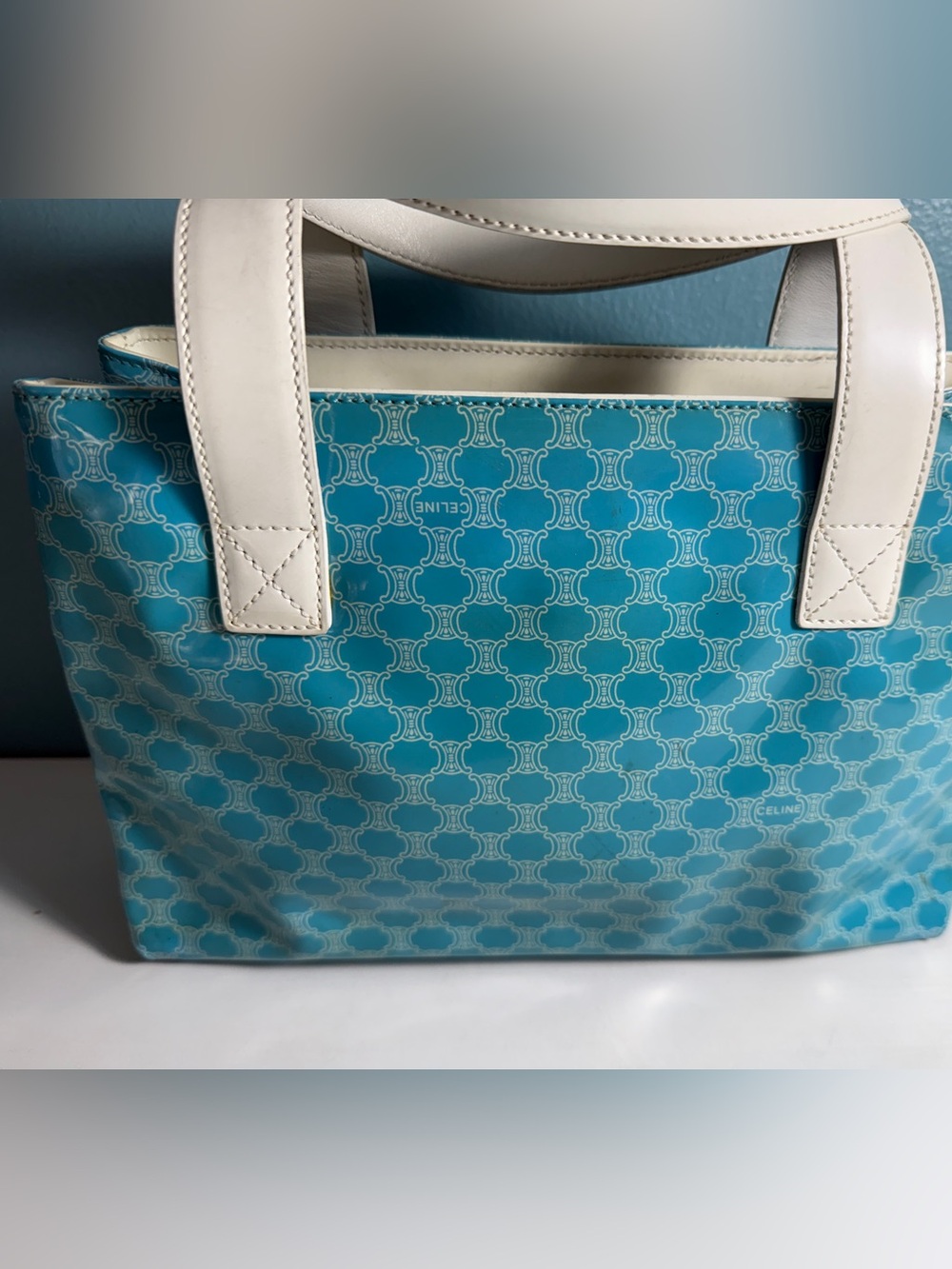 Authentic Vintage Celine Macadam Triomphe Bag Teal Coated Canvas & White Leather